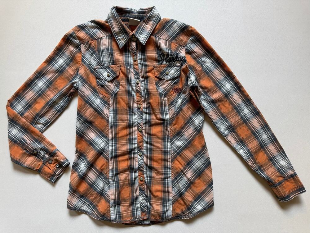 Harley-Davidson Women's Orange Black Plaid Button Down Long Sleeve Shirt Size S